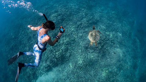 snorkeler taking picture of ocean tortoise underwater with AxisGo water housing for iPhone 