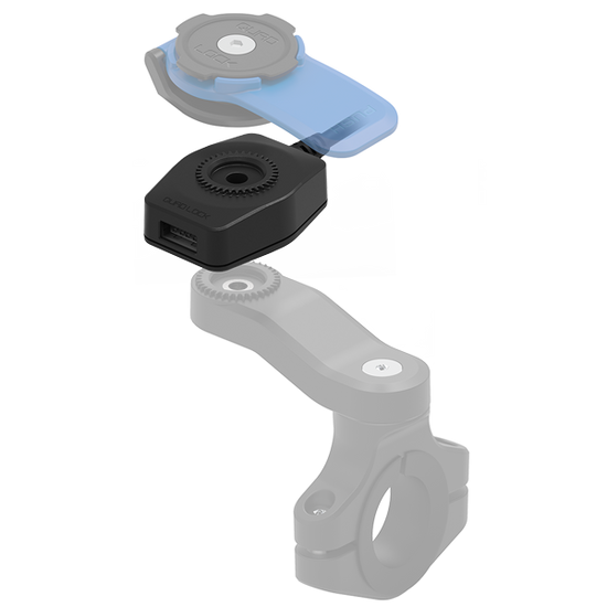 Photo of the USB Charger positioned between the Quad Lock Mount head and mount